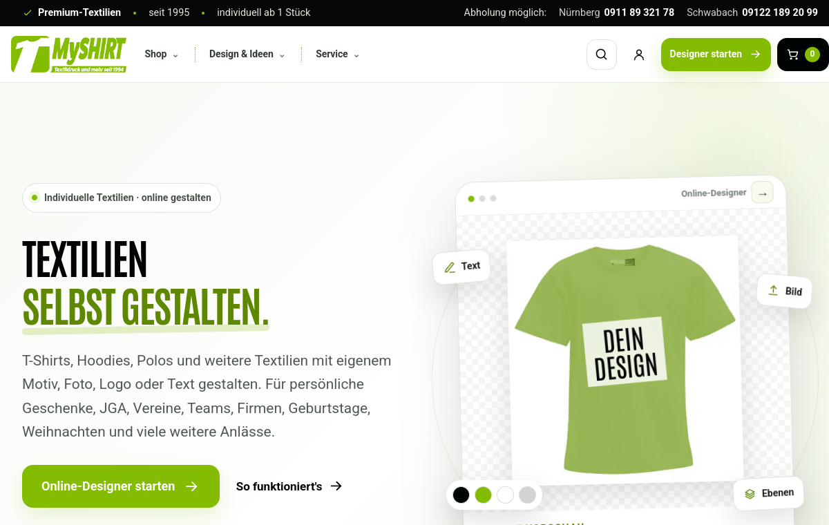 Website-Vorschau: T-Shirts & Textilien selbst gestalten | MyShirt
